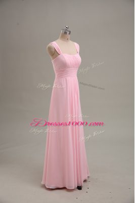 Sleeveless Chiffon Floor Length Zipper Evening Dress in Baby Pink with Ruching