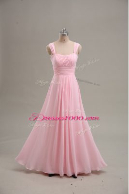 Sleeveless Chiffon Floor Length Zipper Evening Dress in Baby Pink with Ruching