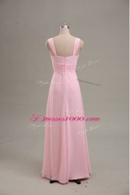 Sleeveless Chiffon Floor Length Zipper Evening Dress in Baby Pink with Ruching