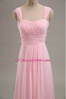 Sleeveless Chiffon Floor Length Zipper Evening Dress in Baby Pink with Ruching