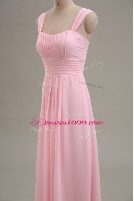 Sleeveless Chiffon Floor Length Zipper Evening Dress in Baby Pink with Ruching