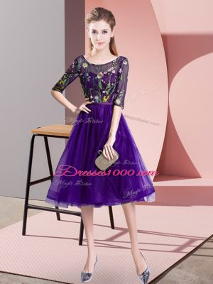 Affordable Knee Length Purple Bridesmaid Dress Tulle Half Sleeves Embroidery
