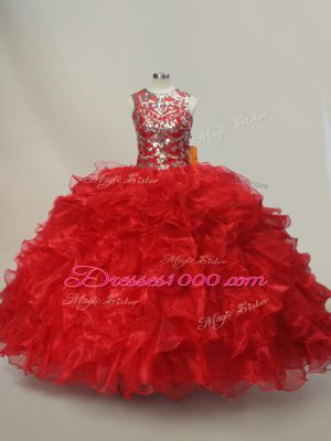 Ideal Scoop Sleeveless Sweet 16 Quinceanera Dress Floor Length Ruffles and Sequins Red Organza