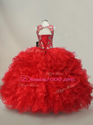 Ideal Scoop Sleeveless Sweet 16 Quinceanera Dress Floor Length Ruffles and Sequins Red Organza