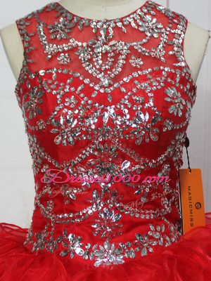 Ideal Scoop Sleeveless Sweet 16 Quinceanera Dress Floor Length Ruffles and Sequins Red Organza