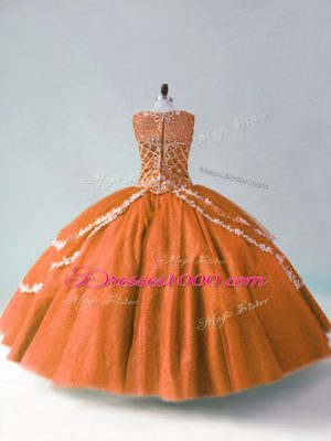 Customized Tulle Scoop Sleeveless Zipper Beading and Appliques Vestidos de Quinceanera in Rust Red