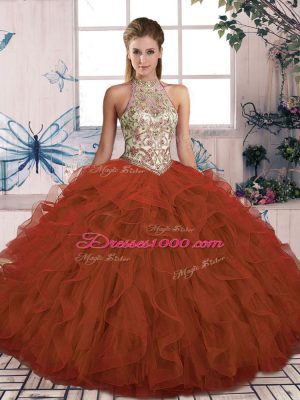 Chic Halter Top Sleeveless Tulle Quinceanera Gown Beading and Ruffles Lace Up