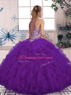 Chic Halter Top Sleeveless Tulle Quinceanera Gown Beading and Ruffles Lace Up