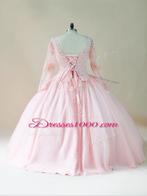 Baby Pink Vestidos de Quinceanera Sweet 16 and Quinceanera with Beading and Appliques V-neck Long Sleeves Lace Up