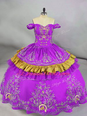 Modest Purple Off The Shoulder Neckline Embroidery Sweet 16 Quinceanera Dress Sleeveless Lace Up