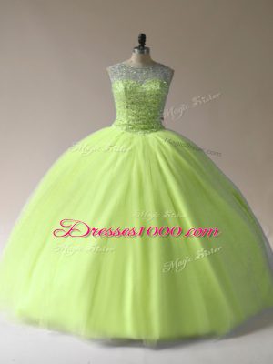 Best Floor Length Yellow Green Sweet 16 Dress Tulle Sleeveless Beading