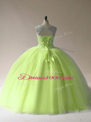 Best Floor Length Yellow Green Sweet 16 Dress Tulle Sleeveless Beading