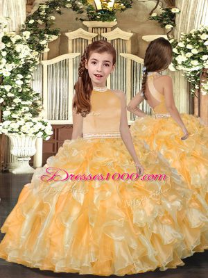 Great Gold Backless Halter Top Beading and Ruffles Sweet 16 Dresses Organza Sleeveless