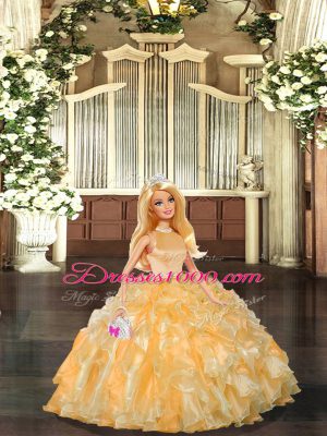 Great Gold Backless Halter Top Beading and Ruffles Sweet 16 Dresses Organza Sleeveless