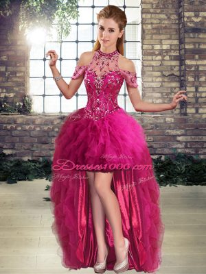 Dramatic Fuchsia Tulle Lace Up Halter Top Sleeveless High Low Custom Made Pageant Dress Beading and Ruffles