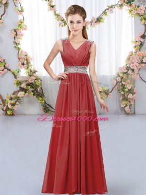 Sophisticated Wine Red Empire Chiffon V-neck Sleeveless Beading and Belt Floor Length Lace Up Dama Dress