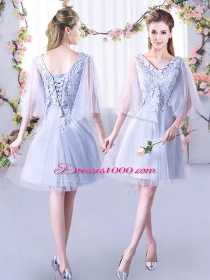 Modern Grey Dama Dress for Quinceanera Wedding Party with Lace V-neck Sleeveless Lace Up
