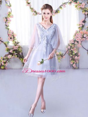 Modern Grey Dama Dress for Quinceanera Wedding Party with Lace V-neck Sleeveless Lace Up