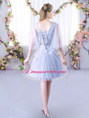 Modern Grey Dama Dress for Quinceanera Wedding Party with Lace V-neck Sleeveless Lace Up