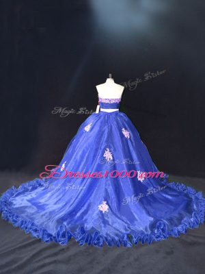 Glorious Organza Sweetheart Sleeveless Brush Train Zipper Appliques Vestidos de Quinceanera in Blue