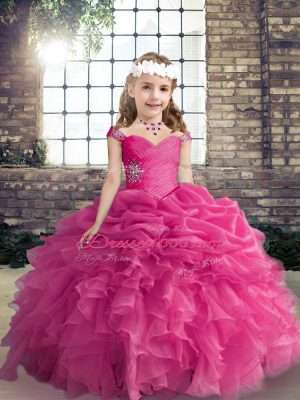 Floor Length Hot Pink Little Girl Pageant Gowns Straps Sleeveless Lace Up