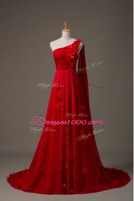 Custom Design Red One Shoulder Lace Up Hand Made Flower Evening Dress Watteau Train Sleeveless