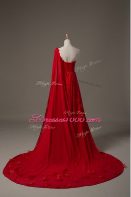 Custom Design Red One Shoulder Lace Up Hand Made Flower Evening Dress Watteau Train Sleeveless
