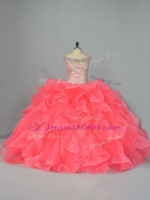 Wonderful Watermelon Red Ball Gowns Off The Shoulder Sleeveless Organza Lace Up Beading and Ruffles 15 Quinceanera Dress