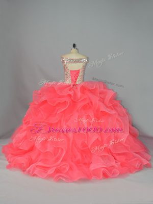 Wonderful Watermelon Red Ball Gowns Off The Shoulder Sleeveless Organza Lace Up Beading and Ruffles 15 Quinceanera Dress