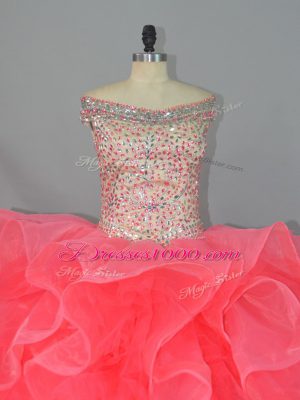 Wonderful Watermelon Red Ball Gowns Off The Shoulder Sleeveless Organza Lace Up Beading and Ruffles 15 Quinceanera Dress
