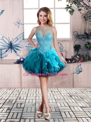 Mini Length Lace Up Party Dress for Toddlers Blue for Prom and Party with Beading and Ruffles