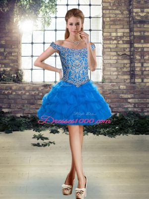 Blue Tulle Lace Up Off The Shoulder Sleeveless Mini Length Party Dress for Toddlers Beading and Pick Ups