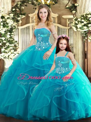 Flirting Strapless Sleeveless Tulle Quinceanera Dress Beading and Ruffles Lace Up