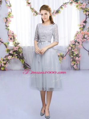 Artistic Scoop Half Sleeves Court Dresses for Sweet 16 Tea Length Lace and Belt Grey Tulle