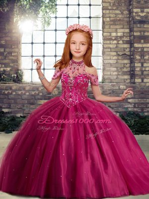 Fantastic Fuchsia Kids Formal Wear Party and Wedding Party with Beading High-neck Sleeveless Lace Up