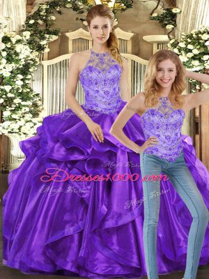 Glittering Purple Sleeveless Organza Lace Up 15th Birthday Dress for Sweet 16 and Quinceanera