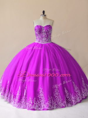 Floor Length Purple Quince Ball Gowns Tulle Sleeveless Embroidery