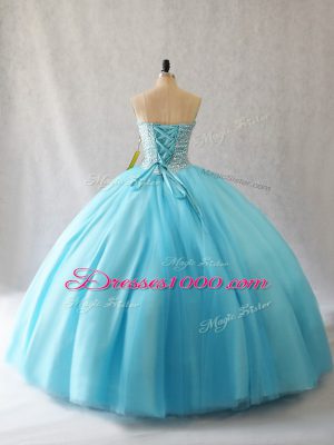 Sleeveless Floor Length Beading Lace Up 15th Birthday Dress with Aqua Blue