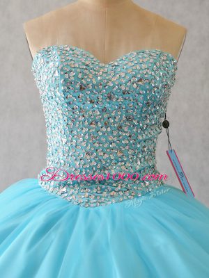 Sleeveless Floor Length Beading Lace Up 15th Birthday Dress with Aqua Blue