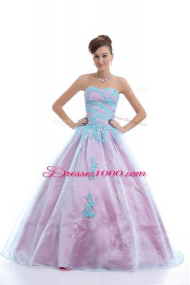 Free and Easy Sleeveless Organza Floor Length Lace Up Ball Gown Prom Dress in Light Blue with Appliques