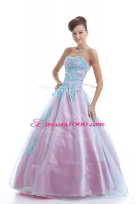 Free and Easy Sleeveless Organza Floor Length Lace Up Ball Gown Prom Dress in Light Blue with Appliques