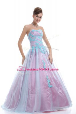 Free and Easy Sleeveless Organza Floor Length Lace Up Ball Gown Prom Dress in Light Blue with Appliques