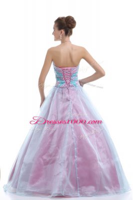 Free and Easy Sleeveless Organza Floor Length Lace Up Ball Gown Prom Dress in Light Blue with Appliques