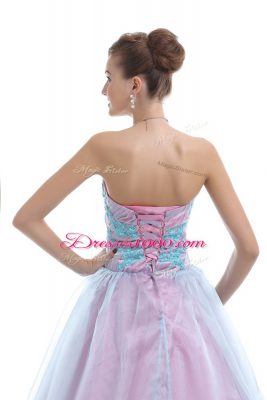 Free and Easy Sleeveless Organza Floor Length Lace Up Ball Gown Prom Dress in Light Blue with Appliques