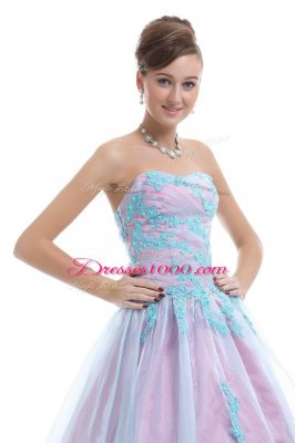 Free and Easy Sleeveless Organza Floor Length Lace Up Ball Gown Prom Dress in Light Blue with Appliques