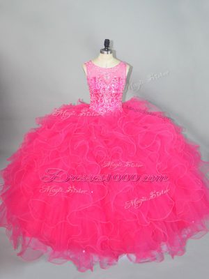 Hot Pink Scoop Neckline Beading and Ruffles Sweet 16 Dresses Sleeveless Lace Up
