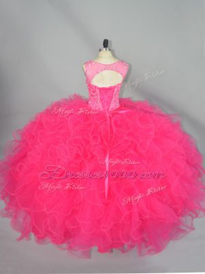 Hot Pink Scoop Neckline Beading and Ruffles Sweet 16 Dresses Sleeveless Lace Up