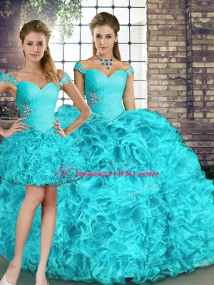 Floor Length Three Pieces Sleeveless Aqua Blue 15th Birthday Dress Lace Up