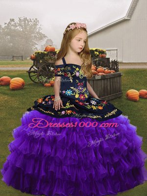 Purple Organza Straps Sleeveless Floor Length Little Girls Pageant Dress Wholesale Embroidery