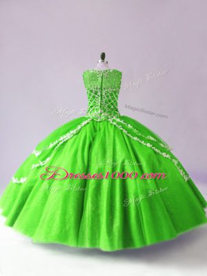 Floor Length Zipper Quince Ball Gowns Green for Sweet 16 and Quinceanera with Beading and Appliques